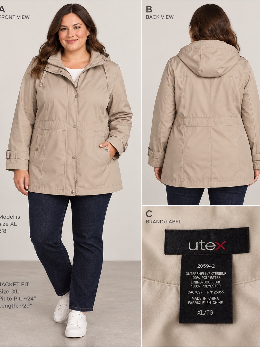 UTEX Beige Hooded Utility Rain Jacket Coat Size XL